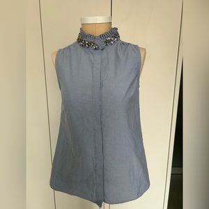Sleeveless button down Oxford shirt with pleated rhinestone collar. NWT.